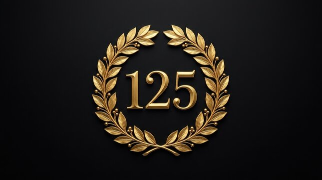 Elegant Golden 125th Anniversary Laurel Wreath Emblem on Dark Background, Achievement, Milestone Celebration Award