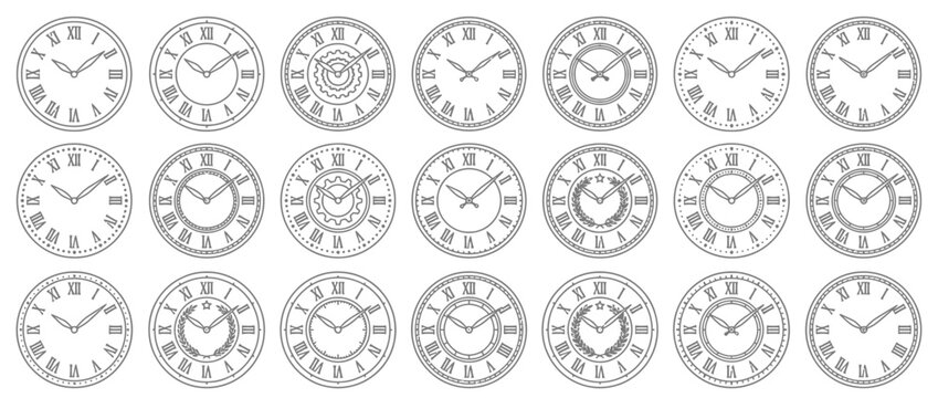 Set of vintage analog clock faces with roman numerals and classic designs