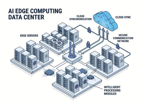 Digital illustration of AI edge computing data center infrastructure with cloud connectivity and resilient modules