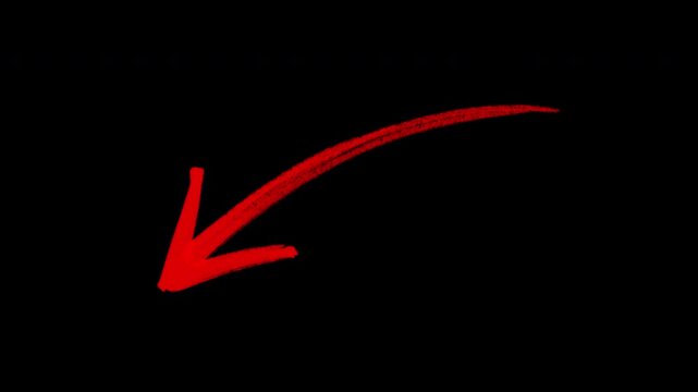 Hand-drawn red curved arrow animation pointing down left on a transparent background, red chalk style arrow drawing pointing down and left, video element.