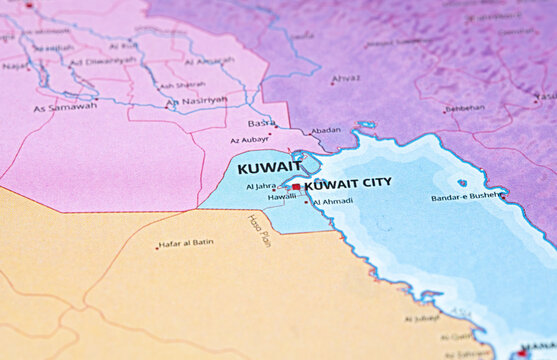 Map of Kuwait and surrounding regions, highlighting major cities and borders