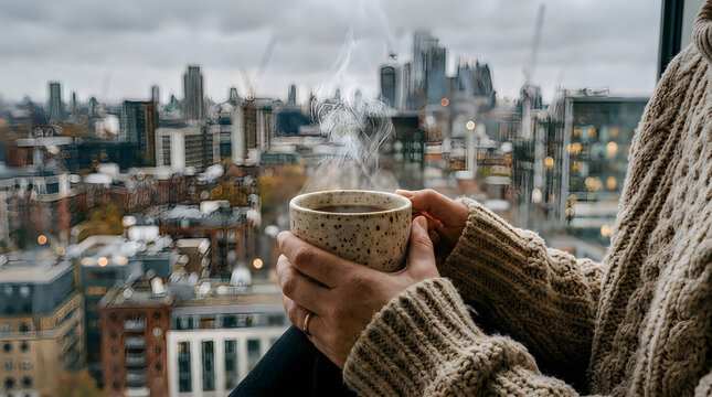 Hands holding steaming hot drink against city background with lifestyle