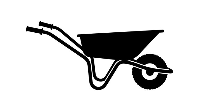 Cad tree line Black wheelbarrow icon, gardening tool, construction equipment, silhouette isolated on White Background vector