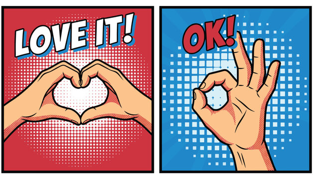 Pop art style comic panels feature hands forming a heart shape and an ok sign with bold colorful text for social media themes.