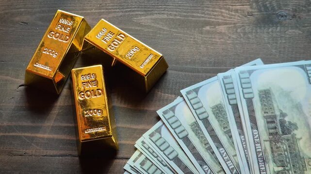 Gold bars and US dollar banknotes on wooden table with sunlight, symbolizing wealth, investment, finance, savings, and safe assets.