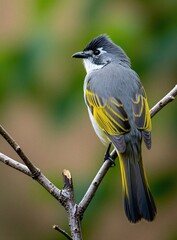 Fototapeta premium Grey ashy bulbul bird with yellow wing streaks sits on a bare tree branch. The songbird looks sideways with sharp eyes, its detailed plumage clearly visible against a soft green and brown backdrop.