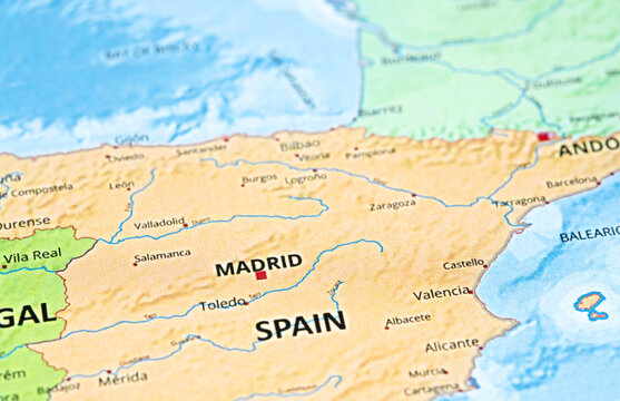 Close-up of a map showing Spain with its capital city Madrid prominently displayed
