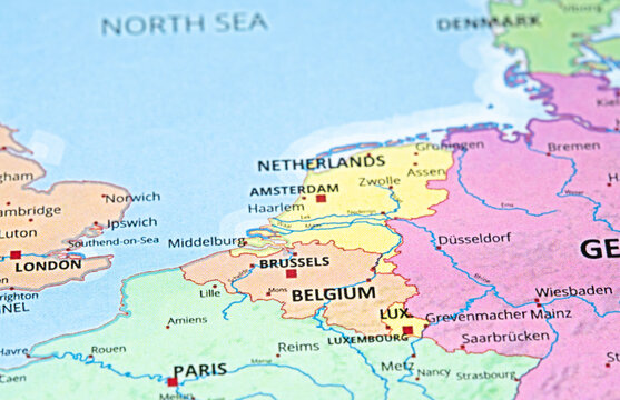 Map of Western Europe showing the Netherlands, Belgium, and Germany