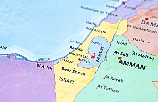 Map of the Middle East showing Israel, Palestine, and Jordan with major cities