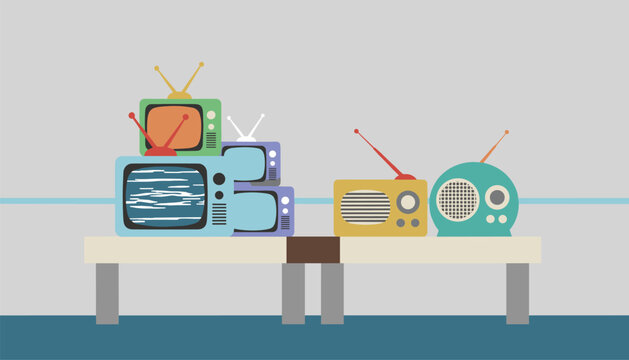 Nostalgic display of vintage electronic equipment includes old televisions with static screens and retro radio units on a bench.