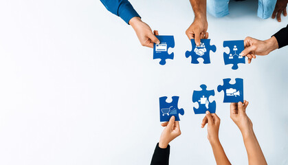 A dynamic scene showcasing diverse hands coming together to fit puzzle pieces, symbolizing collaboration, teamwork, and partnerships in a creative business setting. Amity © InfiniteFlow