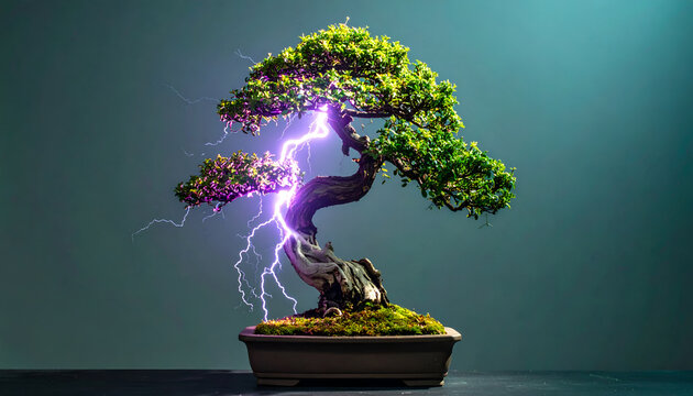 Bonsai Tree Struck by Powerful Lightning Bolt in Dramatic Display.