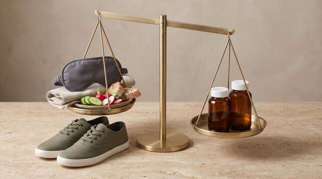 Balance Scale With Sleep Meal And Walking Cues Over Medicine Bottles