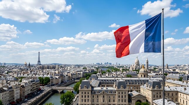 National flag of France waving on a flagpole overlooking a panoramic view of Paris with the Eiffel Tower, Sacr&eacute;-C&oelig;ur Basilica, and the Seine River under a bright blue sky with clouds.