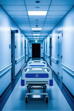 Blue hospital corridor with empty gurney and overhead lights. Medical facility hallway with doors and handrails. Healthcare setting, emergency transport, patient transfer.