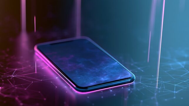 Smartphone on technology background. Neon glowing mobile phone on abstract dark background. Futuristic network connection