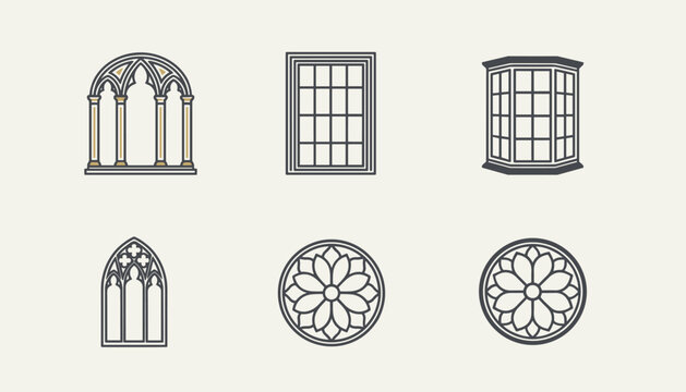 Collection of architectural window icons in various styles including gothic arches, rectangular grids, and floral stained glass designs.
