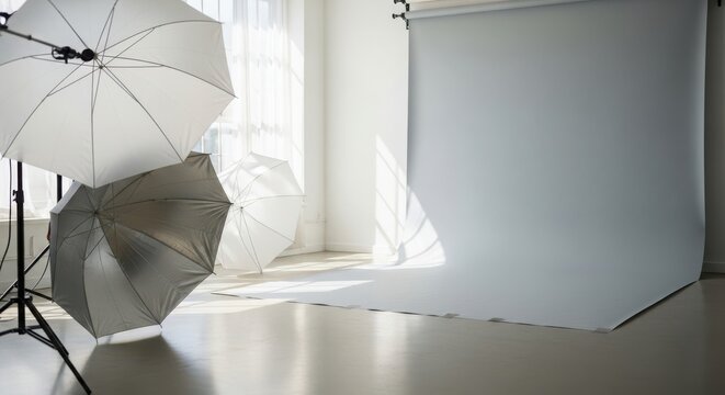 Studio lighting umbrella setup with softbox