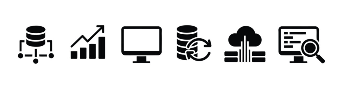 Business analytics and digital transformation icon set featuring database, growth chart, dashboard, cloud computing, document certification, and reporting symbols, vector illustration for business int