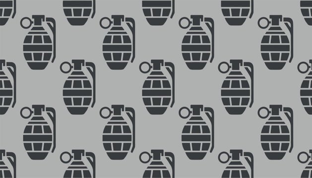 Military style seamless pattern featuring rows of grey hand grenades arranged on a light grey background for defense related designs.
