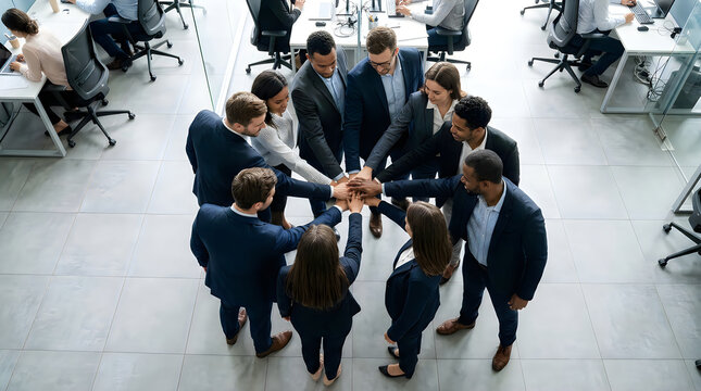 Business team huddle showing unity and collaboration in office with teamwork
