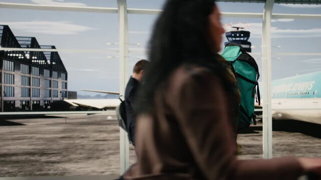 Army soldier in airport wearing camouflage clothing having conversation in smartphone telephone call, for military travel and airport transportation concepts.