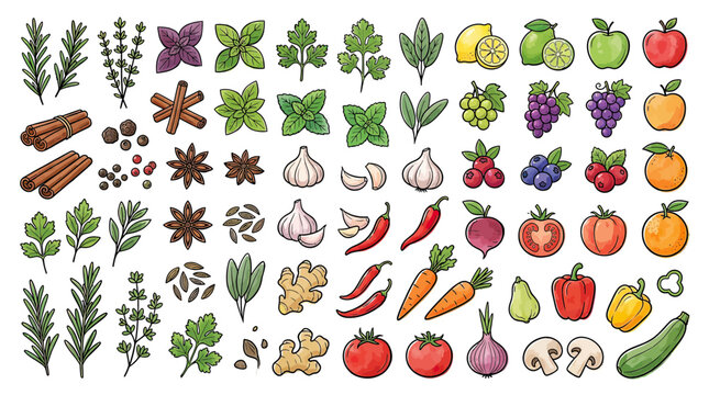 Assorted Fresh Herbs, Spices, Fruits, and Vegetables Collection