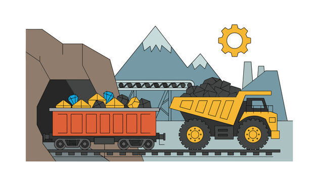 Industrial mining site illustration showing an entrance to a mine, a train car loaded with gems, and a large yellow dump truck.