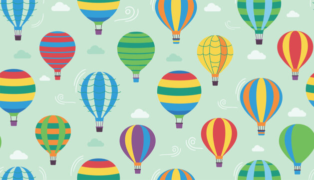 Seamless pattern of colorful hot air balloons with various designs floating across a light blue sky with clouds and wind gusts.