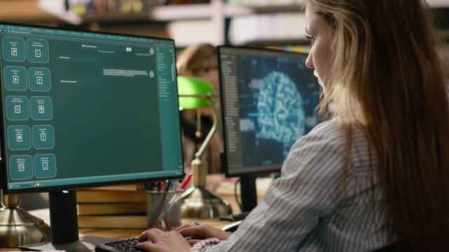 Young adult studying glowing AI brain interface on desktop monitor in library technology class with books and keyboards on desk for research and digital learning, IT computer lab setting.