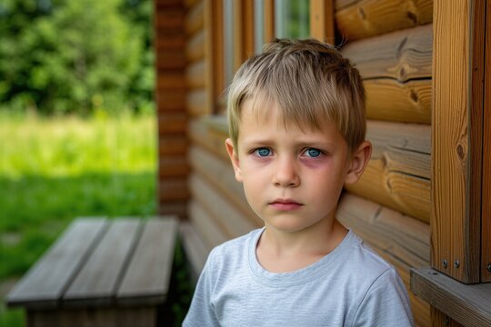 Sad young boy with red irritated eyes sits outside. Child looks unwell, perhaps suffering from allergies or infection. Small kid needs medical care. He looks tired and upset.
