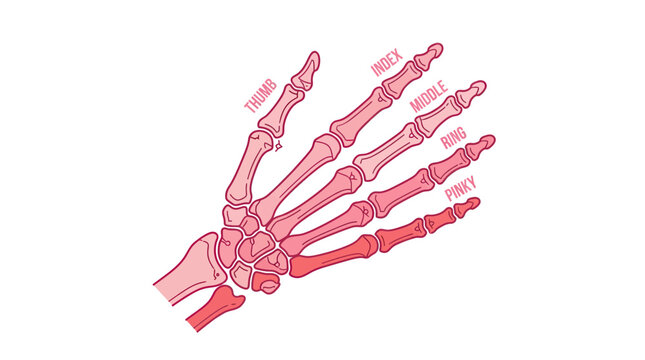 Human Hand Skeleton Anatomy Illustration, Pink Bones, White Background