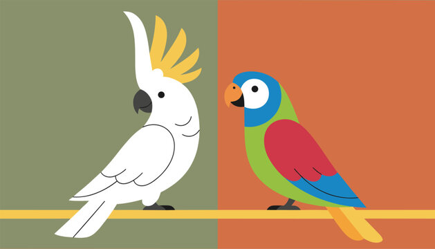 Two exotic parrots including a white cockatoo with a yellow crest and a vibrant green and red macaw perched together on a wooden branch.