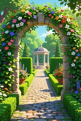 Fototapeta premium Stone archway covered in colorful flowers leads to garden path. Green trimmed hedges line walkway toward gazebo. Bright sunlight creates dappled shadows on paving stones.