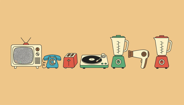 Sequence of vintage electronic items including a television telephone toaster record player blender and hair dryer.
