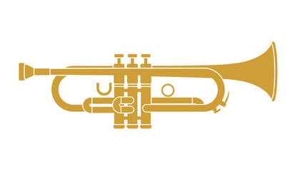Obraz premium Golden silhouette of a trumpet musical instrument isolated on a white background for music or orchestra themes.