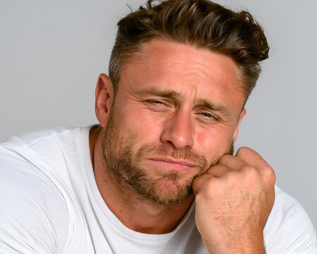 Close-up portrait of a pensive man winking and resting his face on his hand