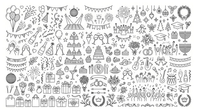 Festive celebration icons and event party elements for decorative graphic design with celebration anniversary birthday graduation decoration balloons champagne fireworks instruments