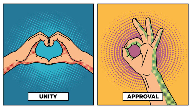 Pop art style illustrations showing human hands making a heart shape for unity and an okay gesture for approval on colorful dot backgrounds.