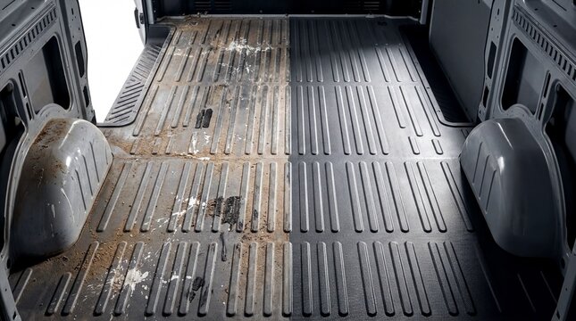 commercial vehicle interior, inside a cargo van, a split floor shows worn gray rubber on one side and restored anti-slip texture on the other