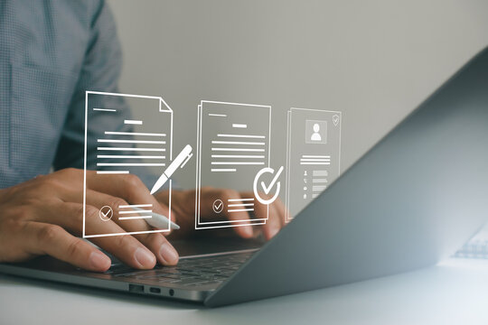 Businessman using laptop with digital user profile form. Secure signup process, account creation, identity verification, paperless system, enrollment for business platform. Online registration concept