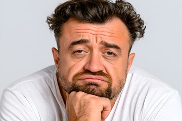 Naklejka premium Close-up portrait of a sad middle-aged man with a beard looking disappointed and unhappy