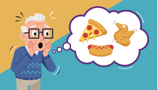 Surprised elderly man wearing glasses with a thought bubble containing unhealthy junk food like pizza, hot dog, and fried chicken legs.