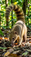 Fototapeta premium Coati sniffs forest floor for food. Small mammal with long tail walks in jungle habitat. Animal searches for insects among fallen leaves and plants.