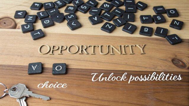 Inspirational message on a wooden surface with key and letter tiles representing opportunity and potential for growth
