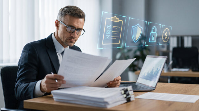 Businessman reviewing documents with digital insurance and security concepts