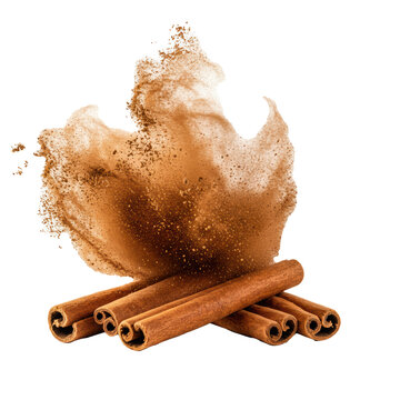 A cluster of dried cinnamon sticks on a transparent background, captured in the exact moment of an explosive burst of finely ground powder, concept of culinary dynamism and aroma.