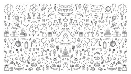 Collection of birthday and party celebration themed doodle illustrations with birthday celebration balloons champagne decoration sketches collection graphics handdrawn elements greetings © Designer Pac 2