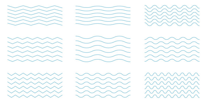 Water waves. Set of wavy zigzag lines. Wave thin line background. Vector zigzag and wavy horizontal underline. Vector illustration