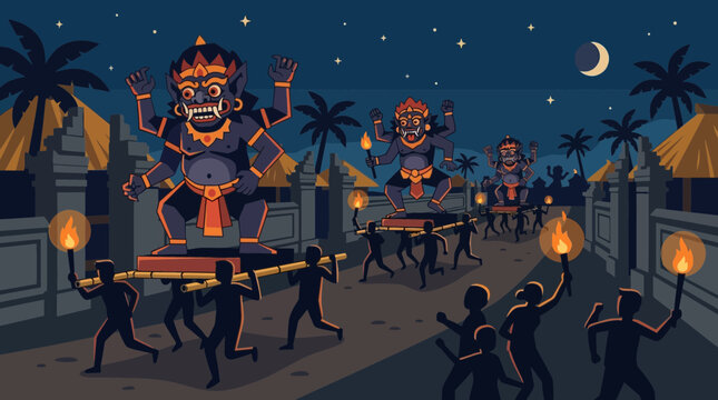 This striking flat design illustration depicts the dramatic Ogoh-Ogoh parade held on Nyepi eve in Bali, with stylized demonic effigies carried through a torchlit village street.